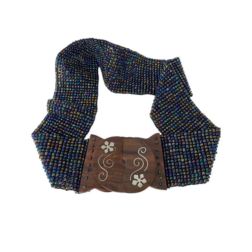 Handmade seed beaded belt stretchy multicolor inlaid wood floral 2.5